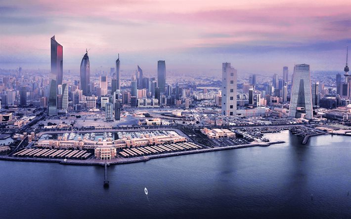 Kuwait City, sera, tramonto, grattacieli, NBK Tower, Arraya Tower, Crystal Tower, skyline di Kuwait City, paesaggio urbano di Kuwait City, Kuwait