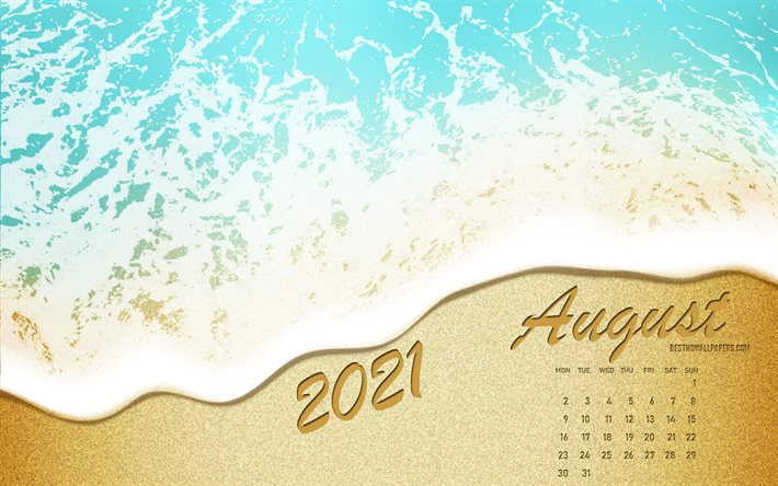 2021 August Calendar, sea coast, beach, 2021 summer calendars, sea, sand, August 2021 Calendar, summer art, August