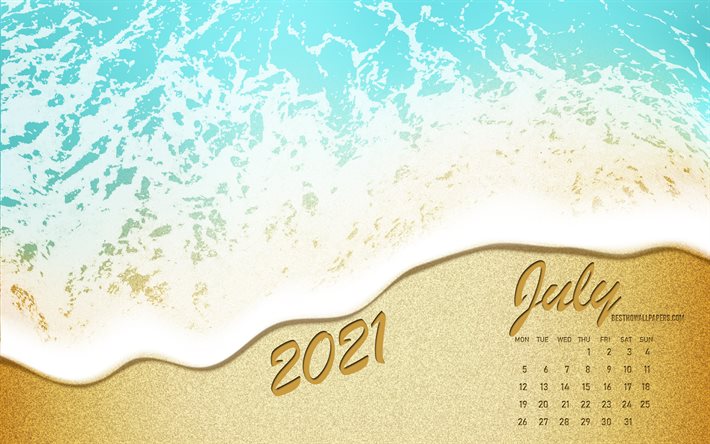 Calendario di luglio 2021, costa del mare, spiaggia, calendari estivi 2021, mare, sabbia, arte estiva, luglio