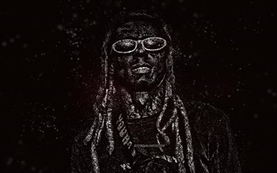 Lil Wayne, art de paillettes blanches, fond noir, rappeur am&#233;ricain, art de Lil Wayne, Dwayne Michael Carter Jr