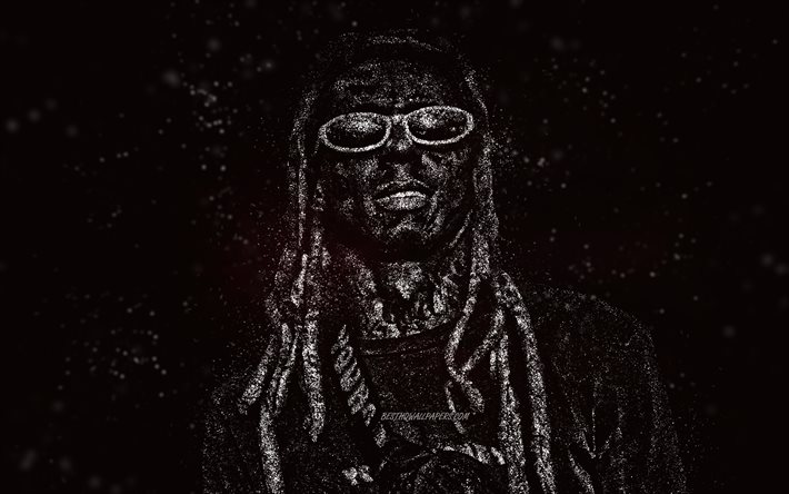 Lil Wayne, white glitter art, black background, American rapper, Lil Wayne art, Dwayne Michael Carter Jr
