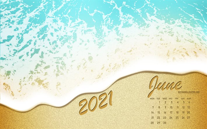 Calendario di giugno 2021, costa del mare, spiaggia, calendari estivi 2021, mare, sabbia, arte estiva, giugno