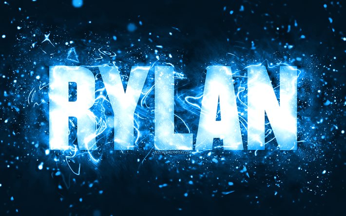 Joyeux anniversaire Rylan, 4k, n&#233;ons bleus, nom de Rylan, cr&#233;atif, Rylan joyeux anniversaire, anniversaire de Rylan, noms masculins am&#233;ricains populaires, photo avec le nom de Rylan, Rylan