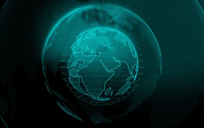 turquoise digital globe, turquoise digital background, technology networks, global networks, dots globe silhouette, digital technology, turquoise technology background, world map