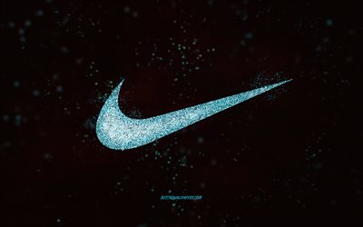 Logotipo com glitter da Nike, fundo preto, logotipo da Nike, arte com glitter azul, Nike, arte criativa, logotipo com glitter azul da Nike