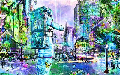 astronaut, ciyscapes, abstract art, creative, astronaut in city, artwork