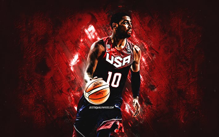 Kyrie Irving, squadra nazionale di basket USA, USA, giocatore di basket americano, ritratto, squadra di basket degli Stati Uniti, sfondo di pietra rossa