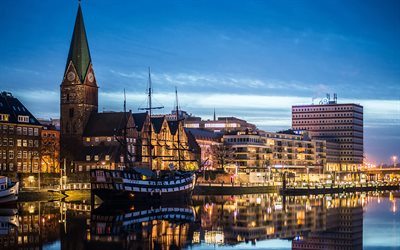 Bremen, 4k, nightscapes, cityscapes, embankment, german cities, Europe, Germany, Cities of Germany, Bremen Germany