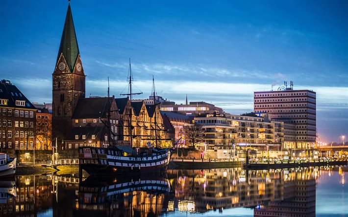 Bremen, 4k, paisagens noturnas, paisagens urbanas, aterro, cidades alem&#227;s, Europa, Alemanha, Cidades da Alemanha, Bremen Alemanha