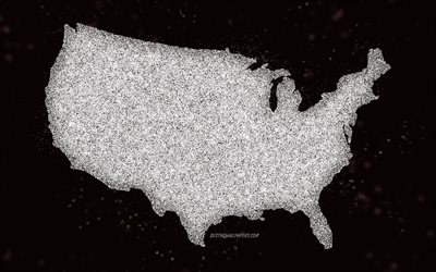 USA glitter map, black background, USA map, white glitter art, Map of USA, creative art, USA white map, USA