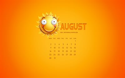 2021 August Calendar, creative art, yellow background, 3D sun emotion icon, calendar for August 2021, concepts, 2021 calendars