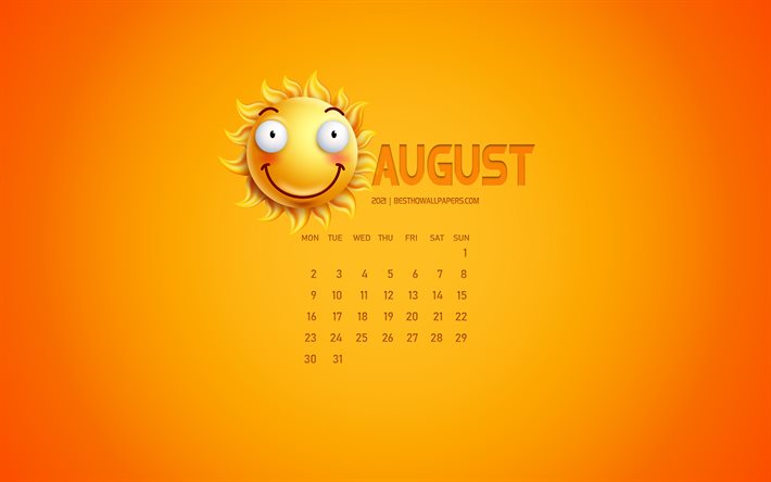 Calendario di agosto 2021, arte creativa, sfondo giallo, icona di emozione del sole 3D, calendario per agosto 2021, concetti, calendari 2021