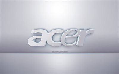 Acer 3d logo bianco, sfondo grigio, logo Acer, arte 3d creativa, Acer, emblema 3d