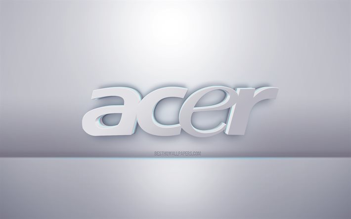Acer logo blanc 3d, fond gris, logo Acer, art 3d cr&#233;atif, Acer, embl&#232;me 3d