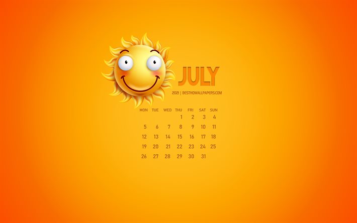 2021 juli kalender, kreative kunst, gelber hintergrund, juli, 3d-sonnenemotionssymbol, kalender f&#252;r juli 2021, konzepte, 2021 kalender, juli 2021 kalender
