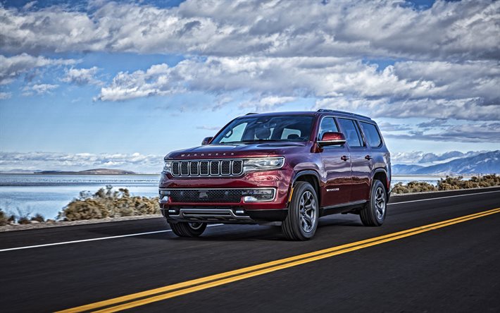 2022, Jeep Wagoneer, 4k, &#246;nden g&#246;r&#252;n&#252;m, dış, yeni kırmızı Wagoneer, b&#252;y&#252;k SUV, Amerikan arabaları, Jeep