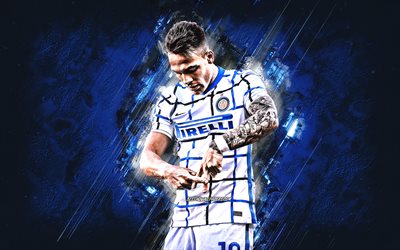 Lautaro Martinez, FC Internazionale, Argentine footballer, Inter Milan, Lautaro Martinez art, football, blue stone background