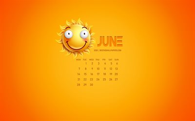 2021 June Calendar, creative art, yellow background, June, 3D sun emotion icon, calendar for June 2021, concepts, 2021 calendars, June 2021 Calendar