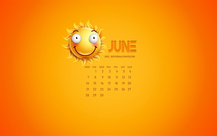2021 juni kalender, kreativ konst, gul bakgrund, juni, 3D sun emotion ikon, kalender f&#246;r juni 2021, koncept, 2021 kalendrar, juni 2021 kalender