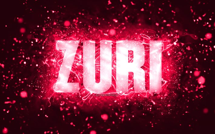 Buon compleanno Zuri, 4k, luci al neon rosa, nome Zuri, creativo, buon compleanno Zuri, compleanno Zuri, nomi femminili americani popolari, foto con nome Zuri, Zuri