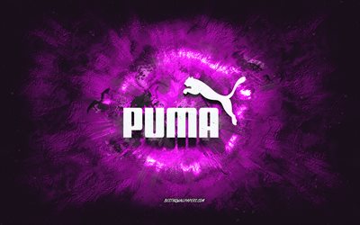 puma logo, grunge kunst, lila stein hintergrund, puma lila logo, puma, kreative kunst, lila puma grunge logo
