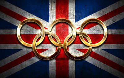 Great Britain olympic team, golden olympic rings, Great Britain at the Olympics, creative, Great Britain flag, metal background, United Kingdom Olympic Team, flag of United Kingdom
