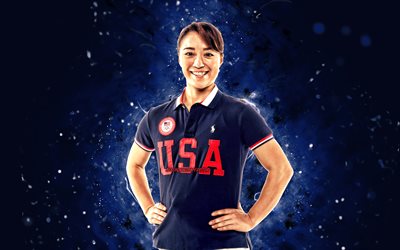 Sakura Kokumai, 4k, blue neon lights, american karateka, athlete, USA National Team, creative, athletics, Sakura Kokumai 4K