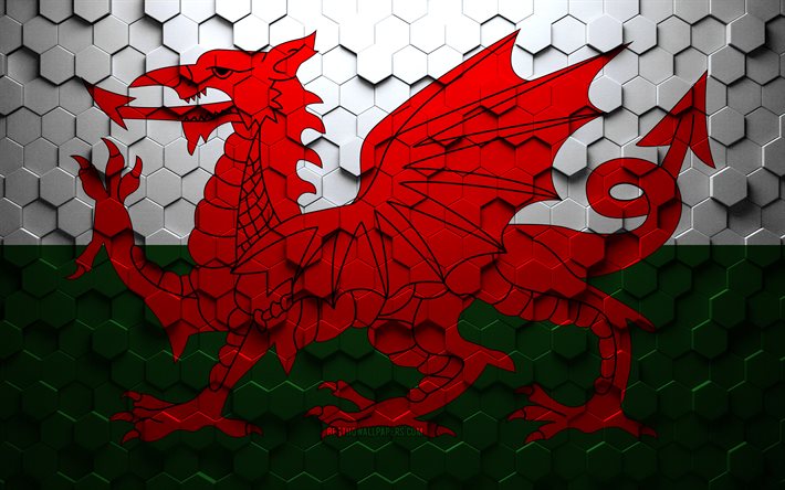 Bandeira do Pa&#237;s de Gales, arte do favo de mel, bandeira dos hex&#225;gonos do Pa&#237;s de Gales, arte dos hex&#225;gonos 3D, bandeira do Pa&#237;s de Gales