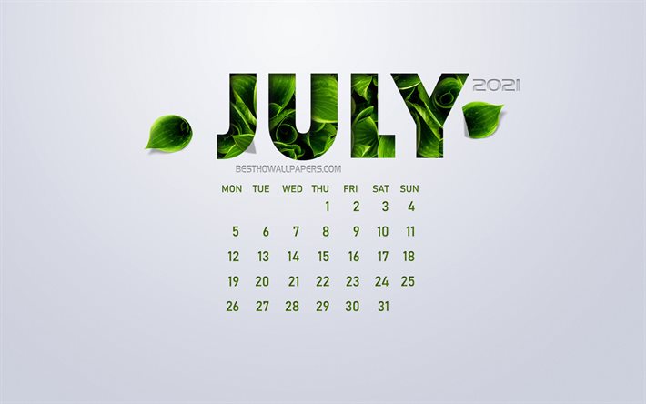 Descargar fondos de pantalla Calendario julio 2021, concepto ecológico,  hojas verdes, julio, fondo blanco, calendario de verano 2021, conceptos  2021, calendario julio 2021 libre. Imágenes fondos de descarga gratuita