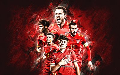 Wales national football team, red stone background, Wales, football, Aaron Ramsey, Gareth Bale, Daniel James