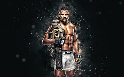 Francis Ngannou, 4k, white neon lights, Cameroonian fighters, MMA, UFC, Mixed martial arts, Francis Ngannou 4K, UFC fighters, MMA fighters, Francis Ngannou with belt