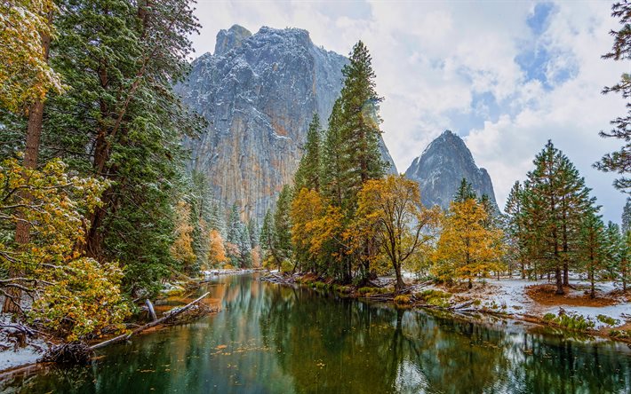 4k, Yosemite nationalpark, vinter, berg, flod, Kalifornien, Amerika, USA, vacker natur
