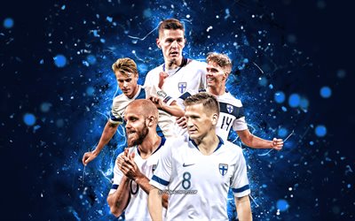 Teemu Pukki, Onni Valakari, Robert Taylor, Rasmus Schuller, Robin Lod, 4k, Finland national football team, soccer, footballers, blue neon lights, Finnish football team