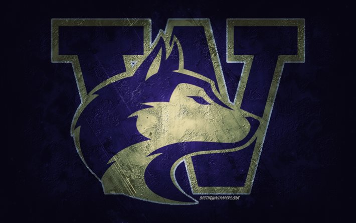 Washington Huskies, time de futebol americano, fundo azul, logotipo do Washington Huskies, arte grunge, NCAA, futebol americano, emblema do Washington Huskies