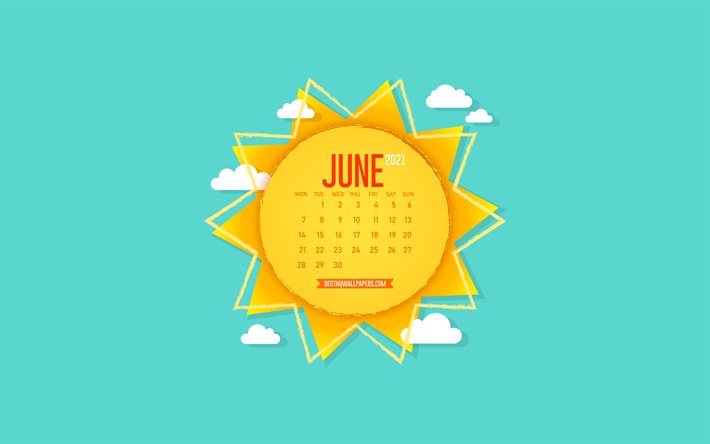 2021 juni kalender, kreative sonne, papierkunst, hintergrund mit der sonne, juni, blauer himmel, 2021 sommerkalender, juni 2021 kalender