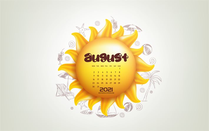 2021年8月のカレンダー, 3d太陽, 夏。, 8月, 2021年の夏のカレンダー, 2021年8月カレンダー, 夏の背景