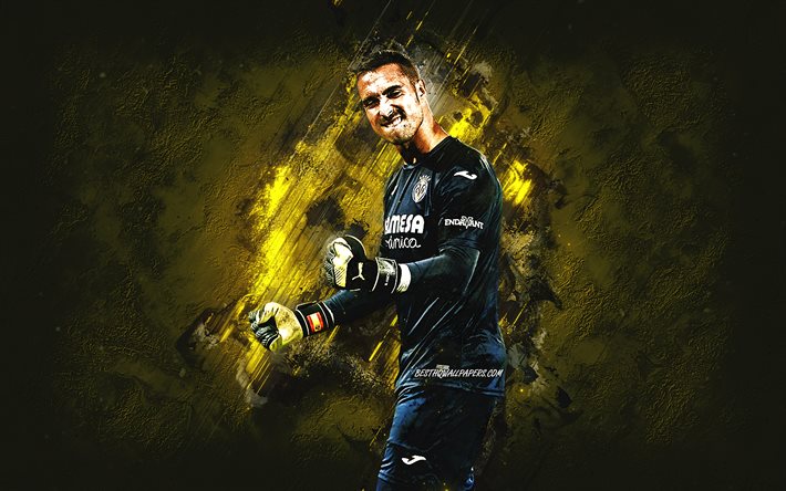 Sergio Asenjo, Villarreal CF, Spanish footballer, goalkeeper, yellow stone background, football, Villarreal, La Liga