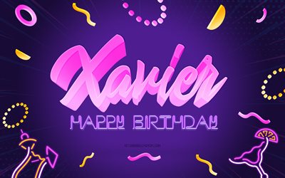 Happy Birthday Xavier, 4k, Purple Party Background, Xavier, creative art, Happy Xavier birthday, Xavier name, Xavier Birthday, Birthday Party Background
