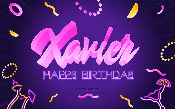 Grattis p&#229; f&#246;delsedagen Xavier, 4k, Purple Party Background, Xavier, kreativ konst, Grattis Xavier f&#246;delsedag, Xavier namn, Xavier F&#246;delsedag, F&#246;delsedagsfest Bakgrund