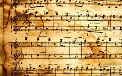 treble clefs patterns, 4k, macro, old paper textures, music textures, background with treble clefs, paper textures