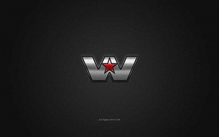 Western Star logosu, kırmızı logo, gri karbon fiber arka plan, Western Star metal amblemi, Western Star, otomobil markaları, yaratıcı sanat