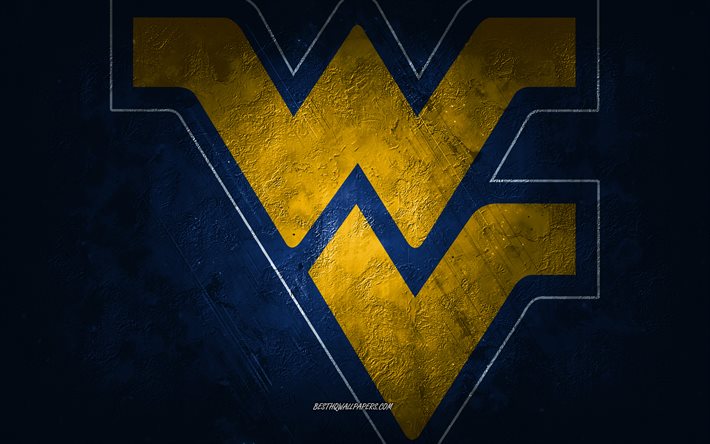 West Virginia Mountaineers, amerikanskt fotbollslag, bl&#229; bakgrund, West Virginia Mountaineers logotyp, grunge art, NCAA, Amerikansk fotboll, West Virginia Mountaineers emblem