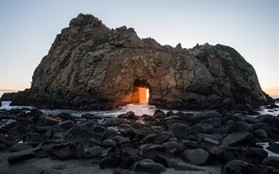 Big Sur, roccia, Spiaggia di Pfeiffer, sole, tramonto, California, USA