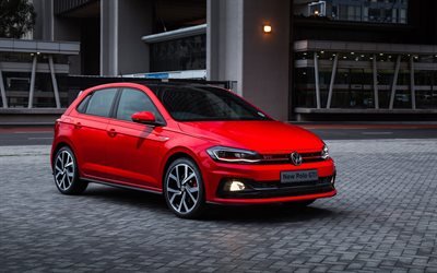 Volkswagen Polo GTI, 2018, exterior, front view, red hatchback, new red Polo, German cars, Volkswagen