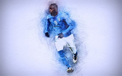 4k, mario balotelli, italienischer fu&#223;ball-team, illustrationen, fussball, balotelli, fu&#223;baller, zeichnung balotelli, italien nationalteam