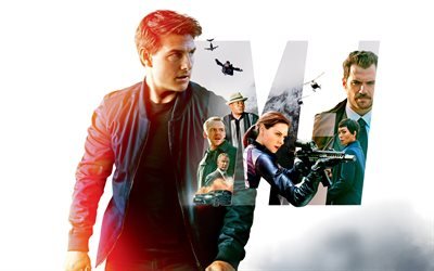 Mission Impossible Retomb&#233;es, en 2018, de la promo, tous les personnages, Tom Cruise, Henry Cavill, Rebecca Ferguson, Vanessa Kirby, Angela Bassett, Simon Pegg