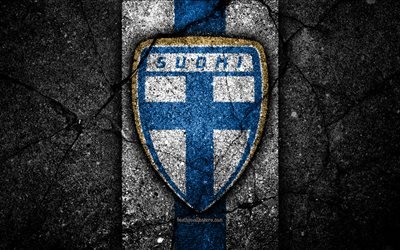 Finnish football team, 4k, emblem, UEFA, Europe, football, asphalt texture, soccer, Finland, European national football teams, Finland national football team