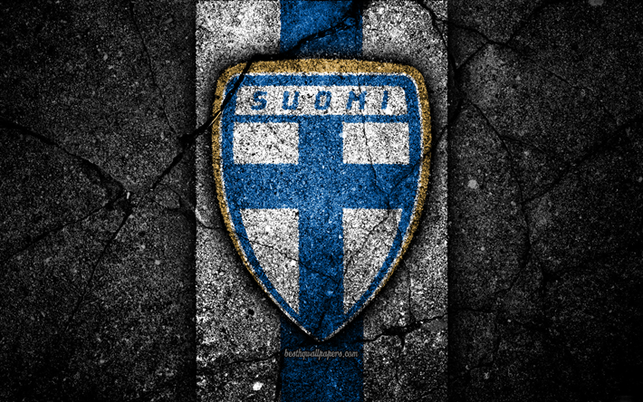 Finlandiya futbol takımı, 4k, amblem, UEFA, Avrupa, Futbol, asfalt doku, futbol, Finlandiya, Avrupa Milli Futbol Takımı, Finlandiya Milli Futbol Takımı