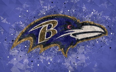 Baltimore Ravens, 4k, logo, geometric art, american football club, creative art, purple abstract background, NFL, Baltimore, Maryland, USA, American Football Conference, National Football League