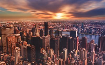 4k, Nueva York, puesta de sol, panorama, edificios modernos, nueva york, estados UNIDOS, Am&#233;rica